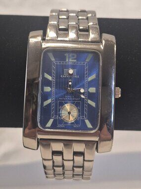 Calvin Hill Men's Stainless Steel Rectangle Blue Face Watch